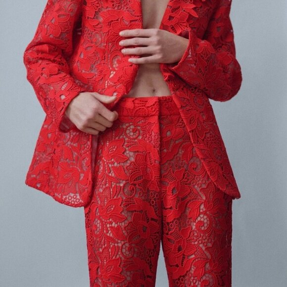 Mango Red Lace Wide Leg Pants - Picture 2 of 10